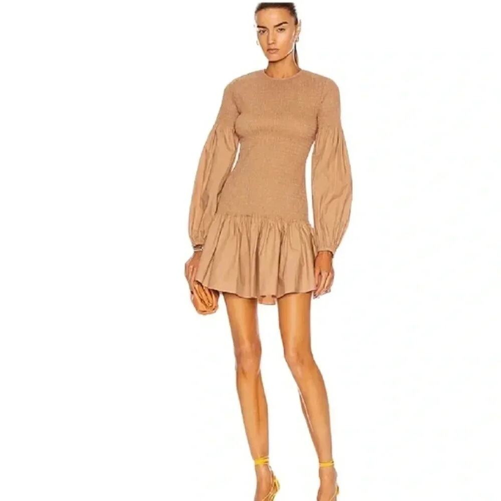 A.L.C Women’s Brown Smocked Ruffled Long Sleeve Drop Waist Dress Size 6 NWT